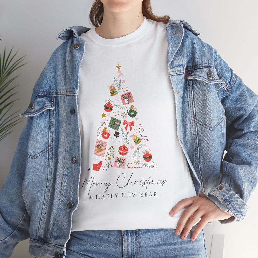 Christmas Tree Graphic Tee — "Merry Christmas & Happy New Year" Holiday T-Shirt